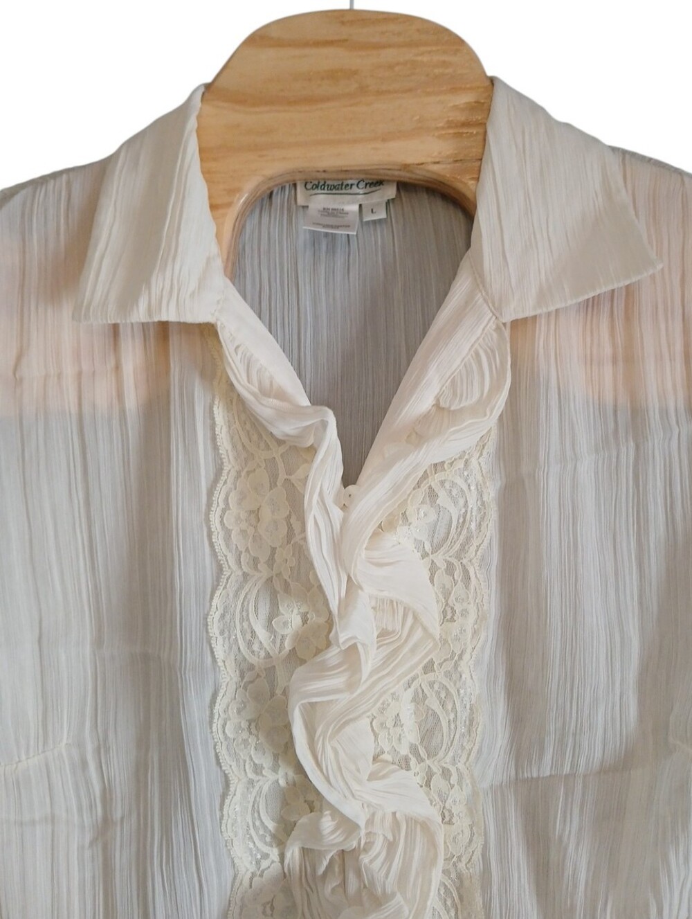 Vtg Coldwater Creek Ivory Lace Ruffle Romantic Crinkle Blouse Large
